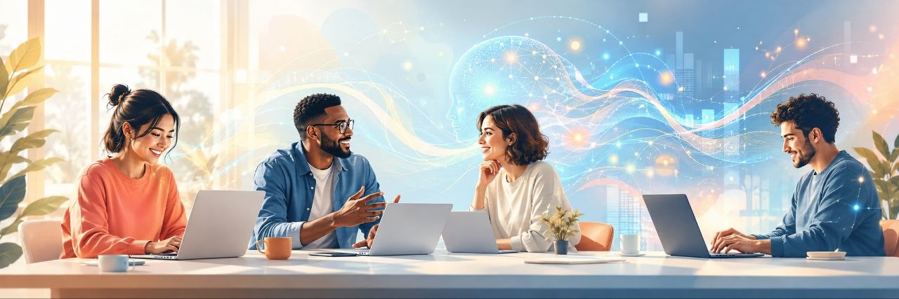 사람들이 노트북으로 협업하고 중앙의 AI 네트워크와 연결된 BK AI Lab 대표 이미지